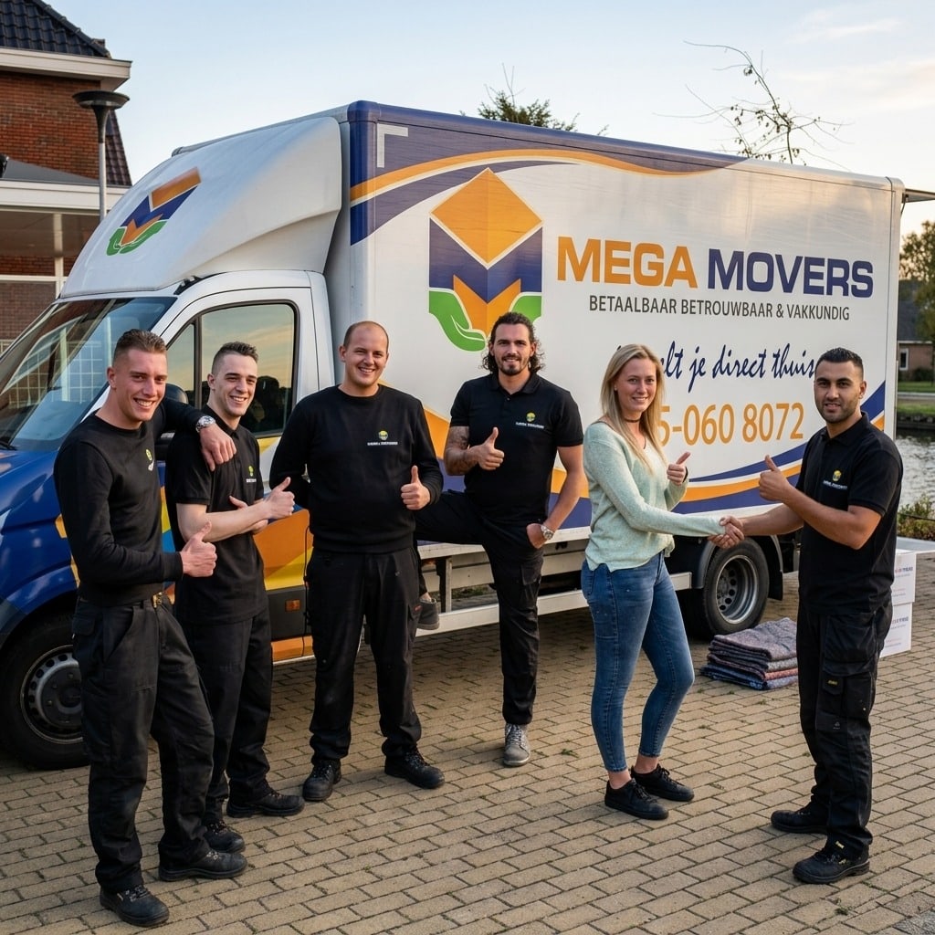Mega Movers team met tevreden klant voor de verhuiswagen